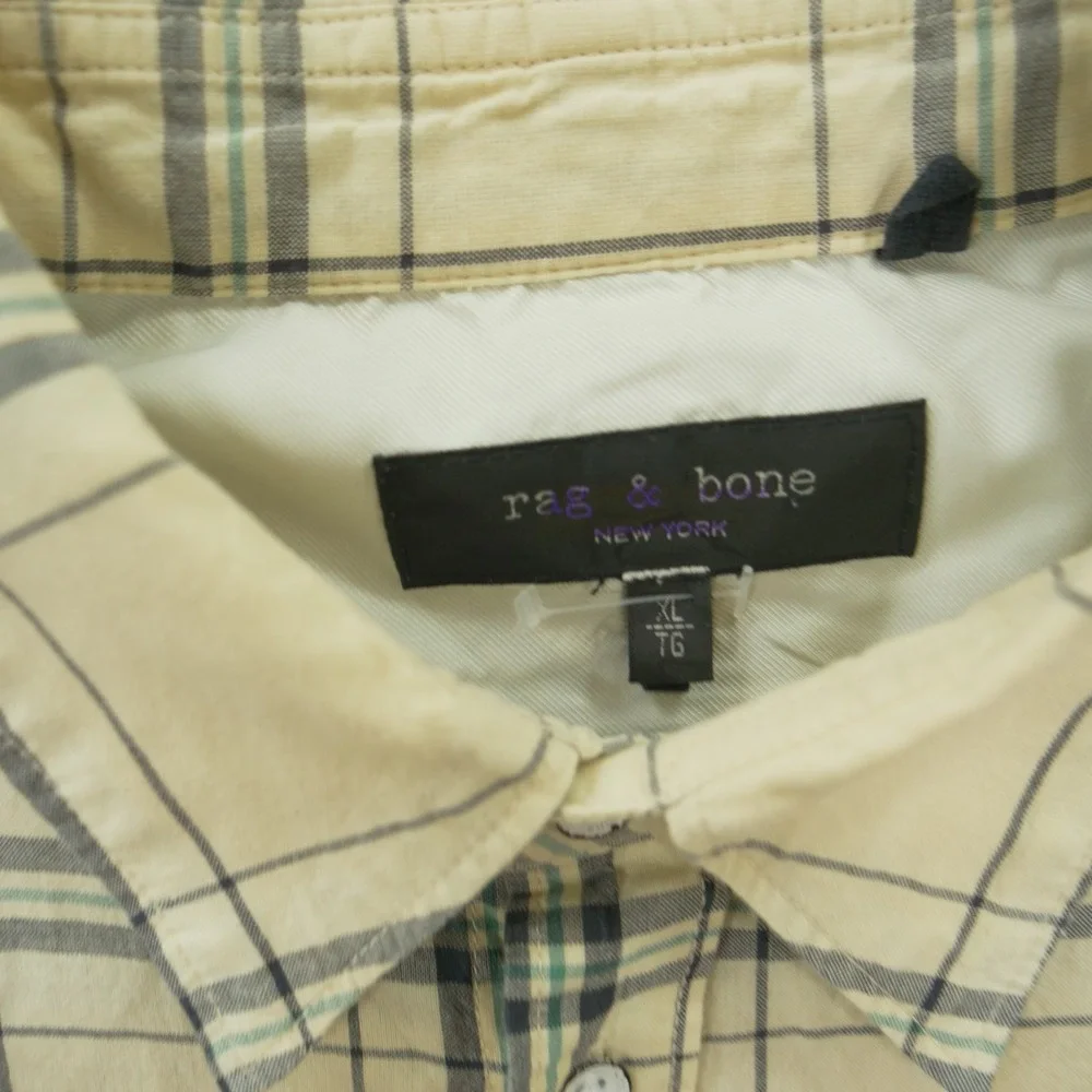 Rag & Bone Shirt Mens Extra Large Beige Button Up Plaid Long Sleeve Classic